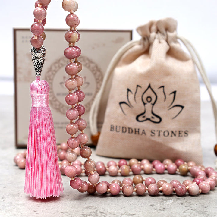 Buddha Stones 108 Mala Rhodonite Beads Yoga Meditazione Preghiera Bracciale