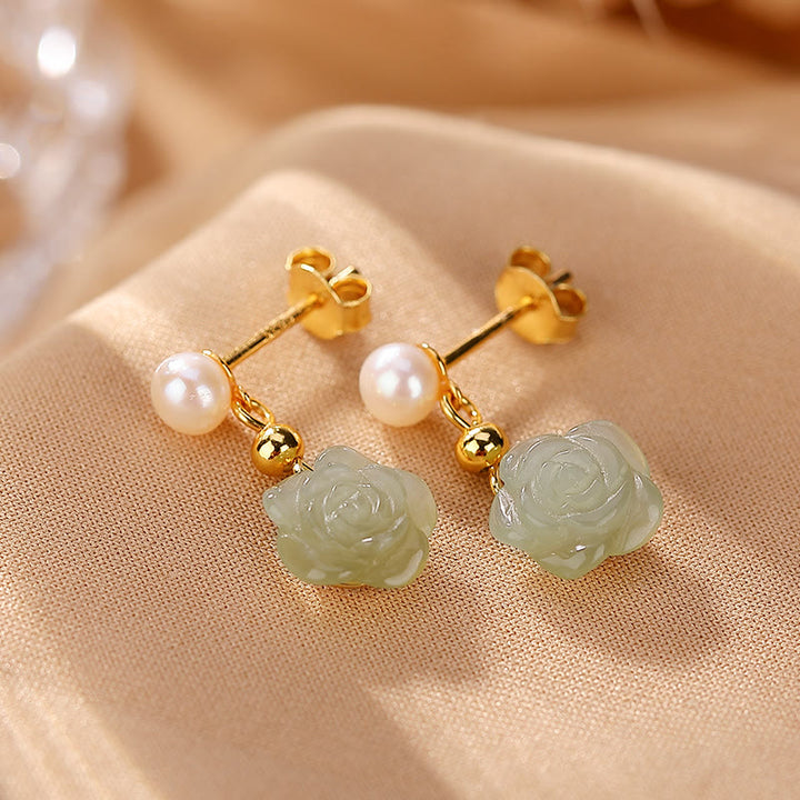 Orecchini Buddha Stones 925 Sterling Silver Placcato Oro Giada Rosa Fiore Ciano Giada Perla Fortuna