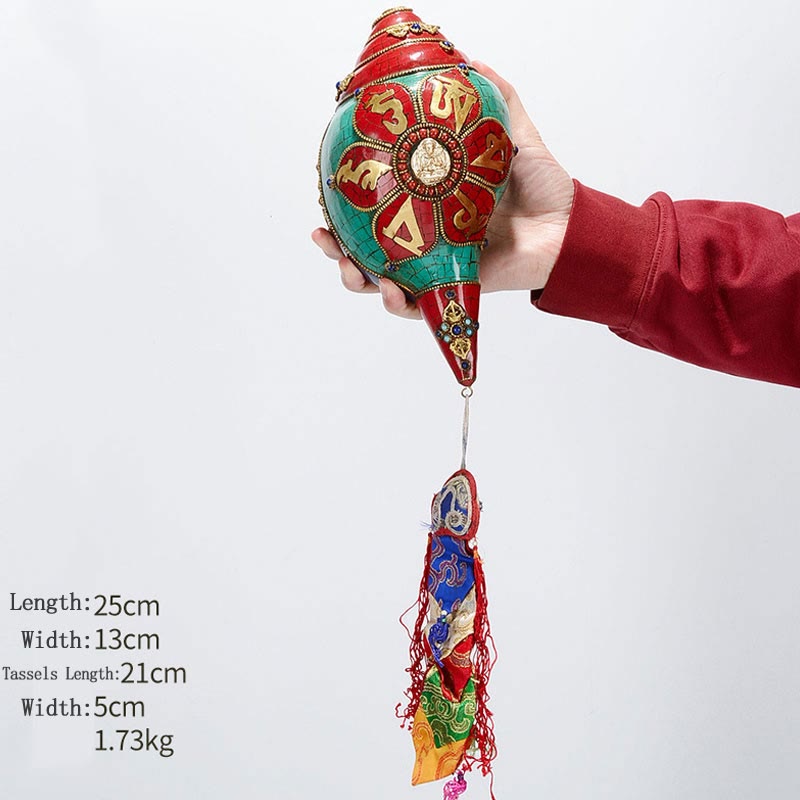 Shankha tibetano fatto a mano Om Mani Padme Hum Buddha Avalokitesvara Turchese Conchiglia Decorazione positiva - Om Mani Padme Hum-Avalokitesvara a quattro braccia 25*13 cm - image 26