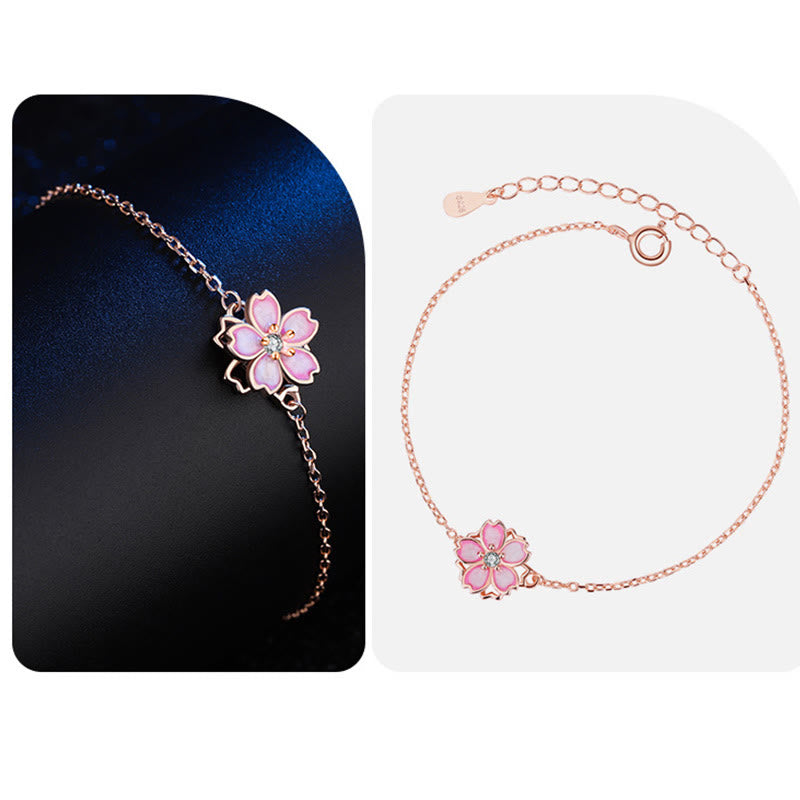 Bracciale a catena con benedizione in fiore di ciliegio in argento sterling 925 Buddha Stones, anello girevole