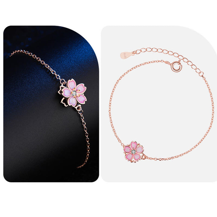 Bracciale a catena con benedizione in fiore di ciliegio in argento sterling 925 Buddha Stones, anello girevole