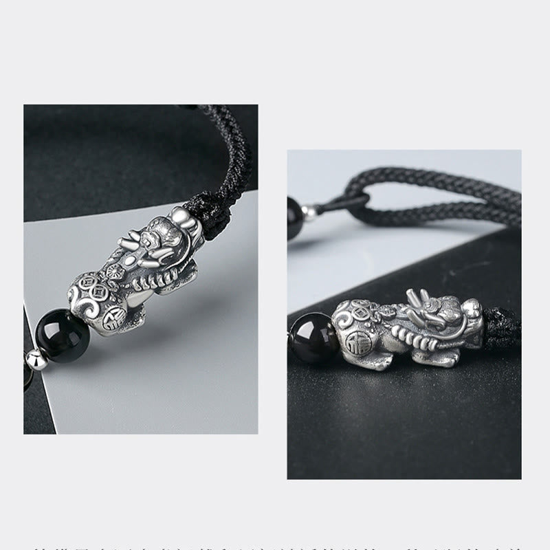 Buddha Stones 999 Sterling Silver FengShui PiXiu Ossidiana nera naturale 925 Sterling Silver Bead Strength Bracciale