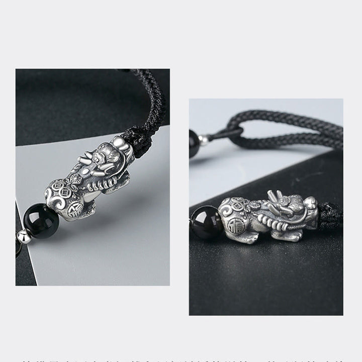 Buddha Stones 999 Sterling Silver FengShui PiXiu Ossidiana nera naturale 925 Sterling Silver Bead Strength Bracciale