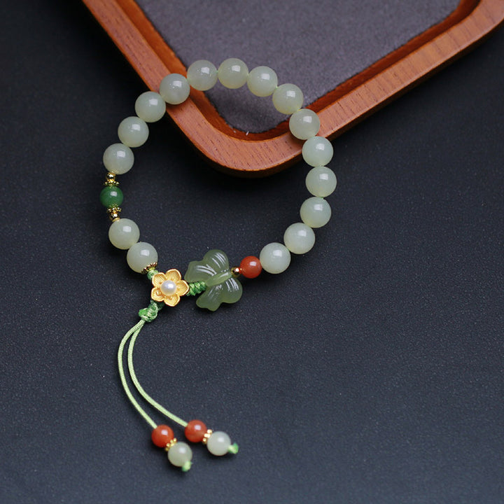 Bracciale Buddha Stones 925 Sterling Silver Jade Luck Flower Butterfly