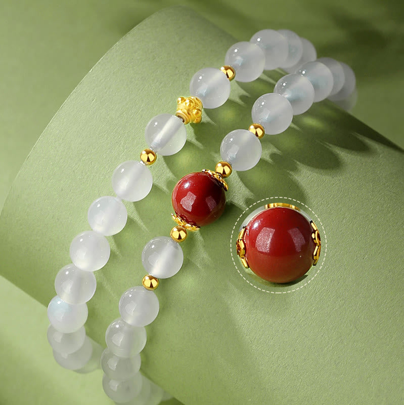 Braccialetto di protezione a doppio giro Buddha Stones in argento sterling 925 con agata bianca naturale e cinabro