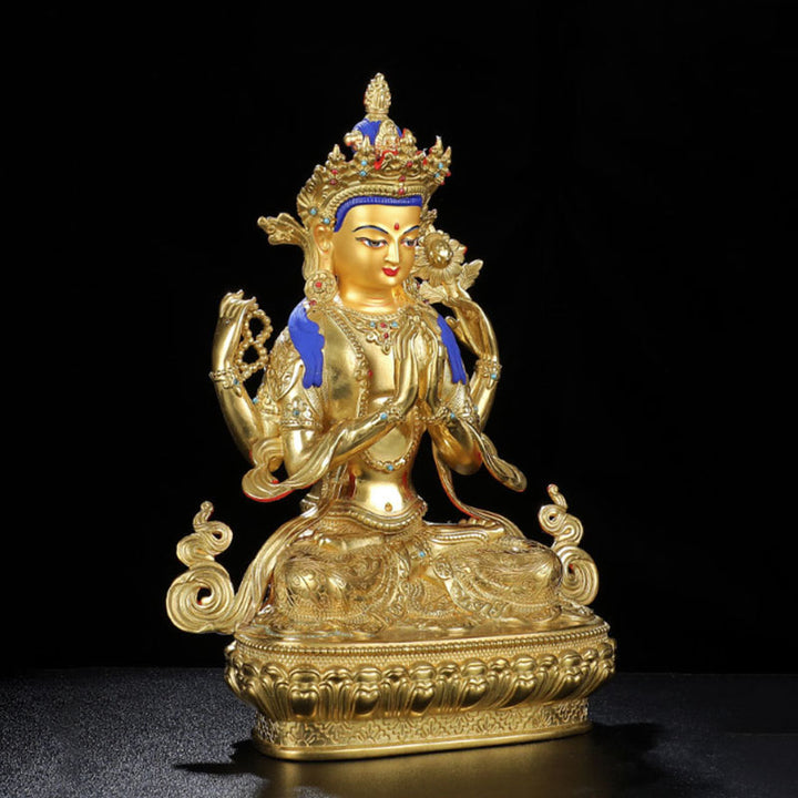 Statua di protezione di Avalokitesvara a quattro braccia di Chenrezig, placcata in oro e rame
