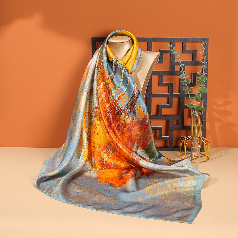 Buddha Stones Dipinto ad olio Città Scena innevata Castello Loto 100% seta di gelso Sciarpa per capelli al collo - Pittura a olio - image 0