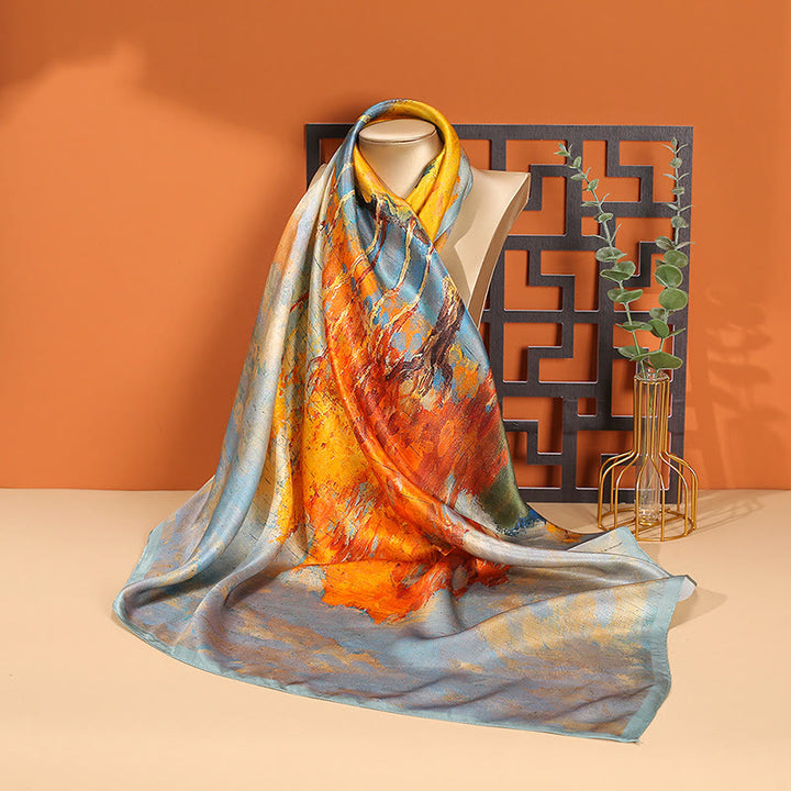 Buddha Stones Dipinto ad olio Città Scena innevata Castello Loto 100% seta di gelso Sciarpa per capelli al collo - Pittura a olio - image 0