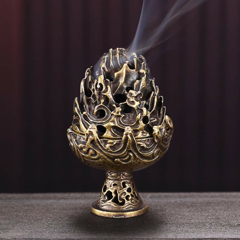 Bruciatore di incenso in lega di rame per meditazione con motivo a mini montagna tibetana