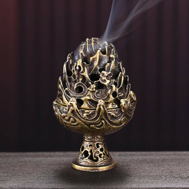 Bruciatore di incenso in lega di rame per meditazione con motivo a mini montagna tibetana