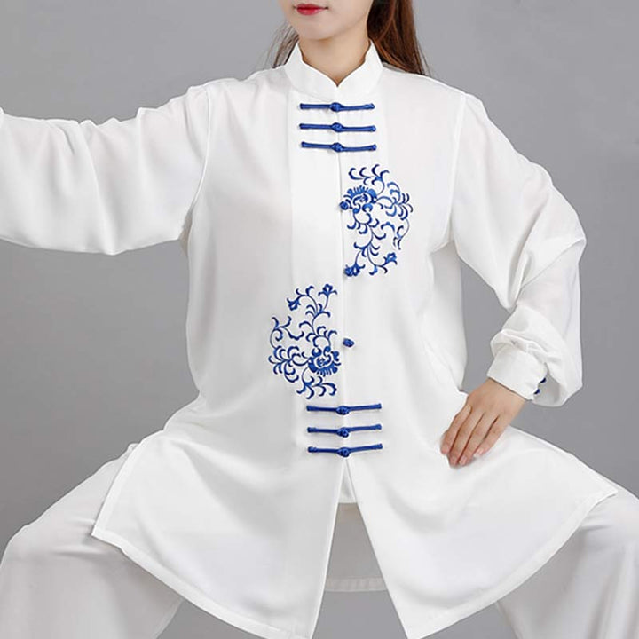 Buddha Stones Fiore Ricamo Meditazione Preghiera Spirituale Zen Tai Chi Qigong Pratica Set di Abbigliamento Unisex