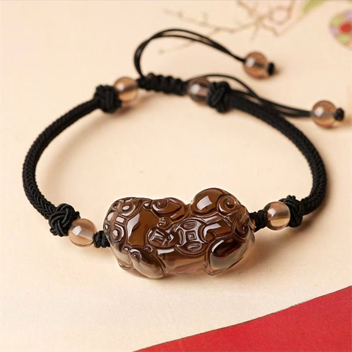 Braccialetto della ricchezza con moneta di PiXiu Cooper in ossidiana naturale, ametista, citrino e Buddha Stones