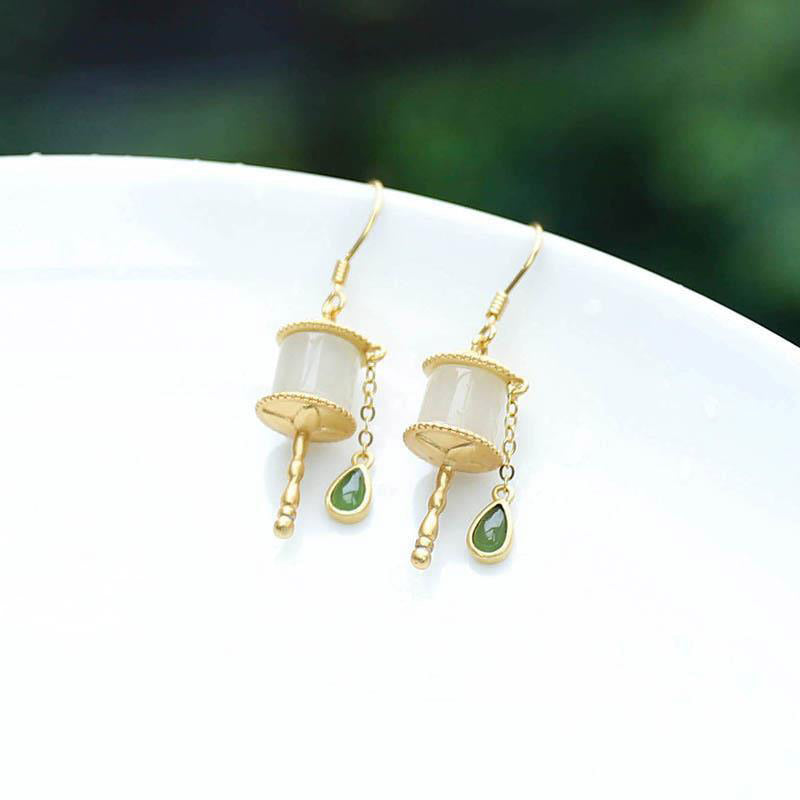 Orecchini pendenti con ruota della preghiera in giada e argento sterling 925 Buddha Stones