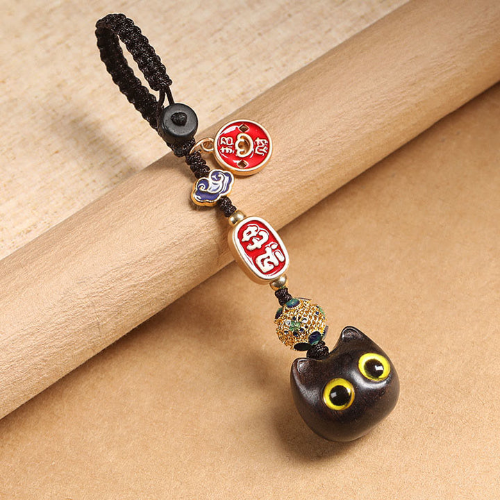 Buddha Stones Legno di ebano Gatto fortunato Nuvola di buon auspicio Pace Portachiavi Telefono Decorazione da appendere - Gatto dagli occhi gialli - Portachiavi - image 4
