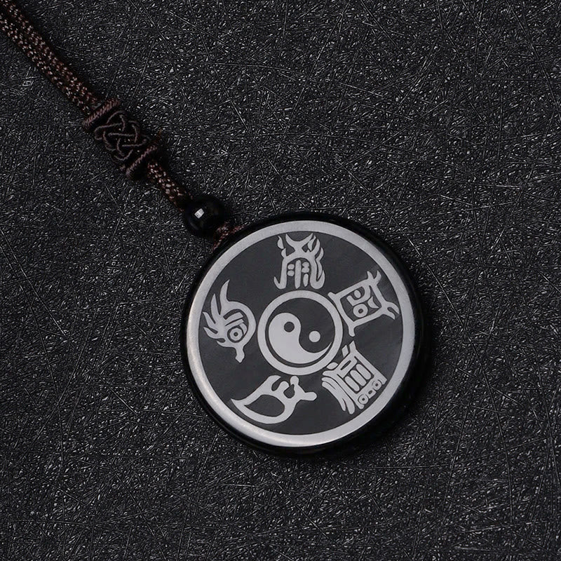 Buddha Stones Ossidiana nera Taoismo Cinque montagne sacre Mantra a nove caratteri Intagliato Purificazione Yin Yang Collana pendente - image 11
