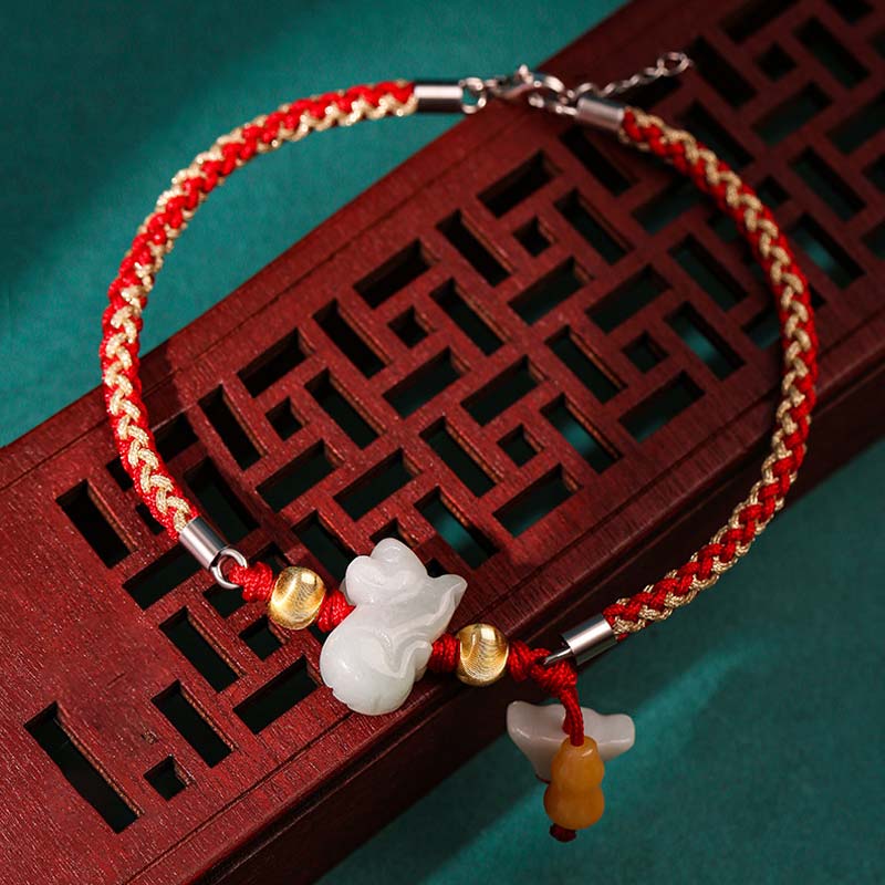Buddha Stones Braccialetto/cavigliera con cordino rosso e giada dello zodiaco cinese, simbolo di prosperità. - Topo (Bracciale/Cavigliera, misura 19,5 + 4 cm) - image 4