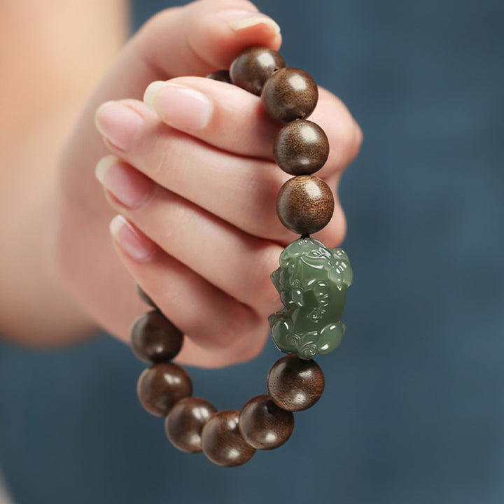 Bracciale Buddha Stones 925 Sterling Silver Brunei Agarwood PiXiu Jade Peace Strength