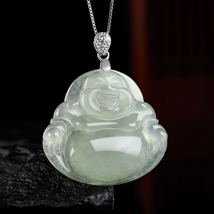 Collana con ciondolo a Buddha Stones in argento sterling 925, giada naturale, Buddha che ride, prosperità e abbondanza