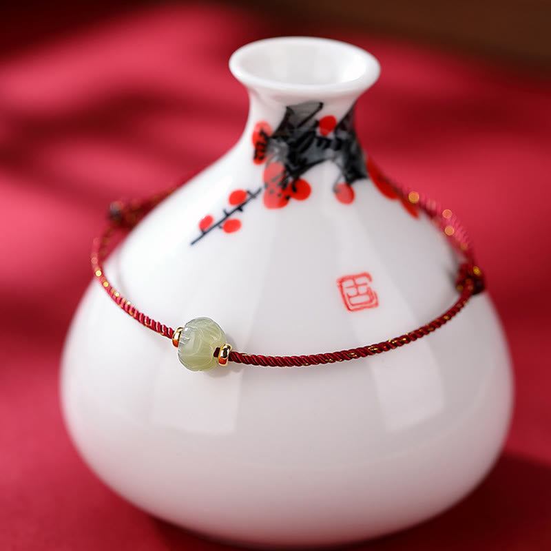 Bracciale Buddha Stones in argento sterling 925 placcato oro con giada Hetian e loto portafortuna in corda rossa