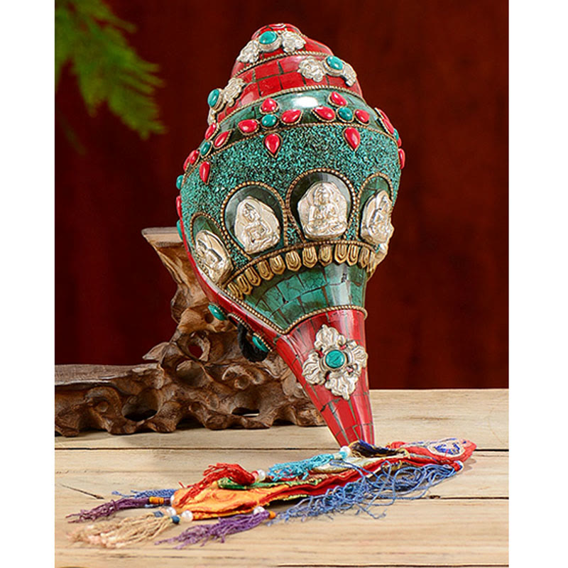 Shankha tibetano fatto a mano Om Mani Padme Hum Buddha Avalokitesvara Turchese Conchiglia Decorazione positiva