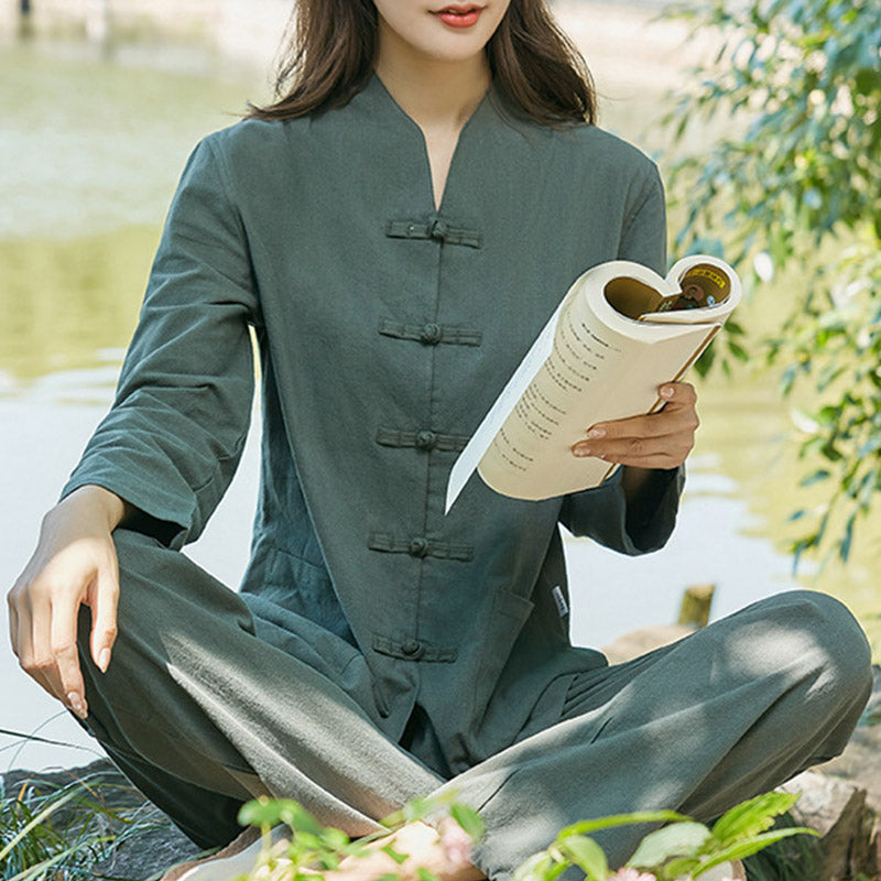 Buddha Stones Spirituale Zen Pratica Yoga Meditazione Preghiera Uniforme Cotone Lino Abbigliamento Donna Set - Verde scuro - US18, UK/AU22, EU50 (6XL) - image 1