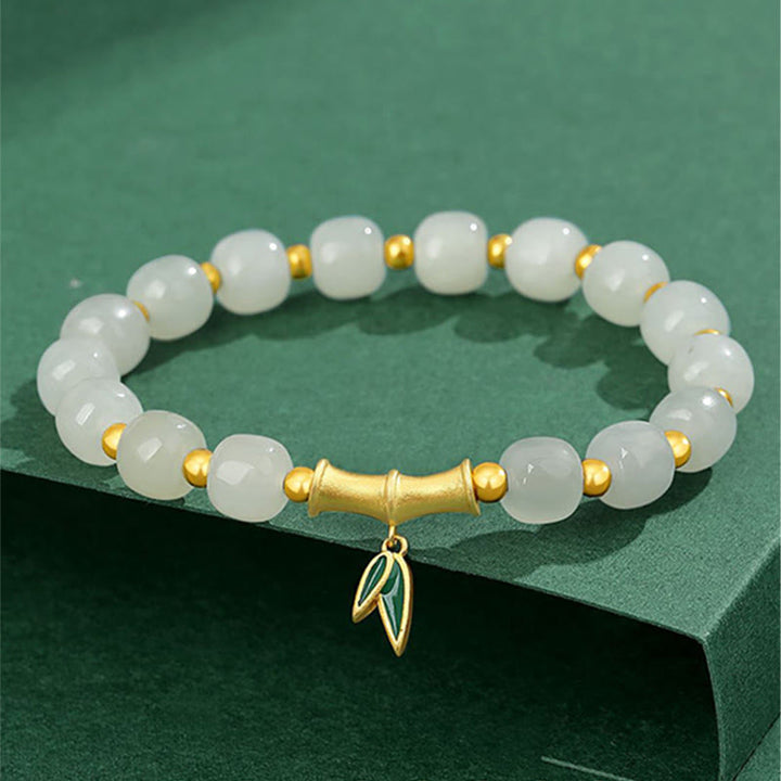 Braccialetto della fortuna in bambù e giada bianca Hetian in argento sterling 925 Buddha Stones