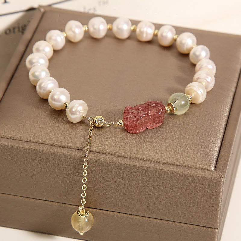 Braccialetto con ciondolo ottimismo PiXiu in quarzo fragola e perle naturali Buddha Stones - Quarzo fragola Pearl&PiXiu - image 0