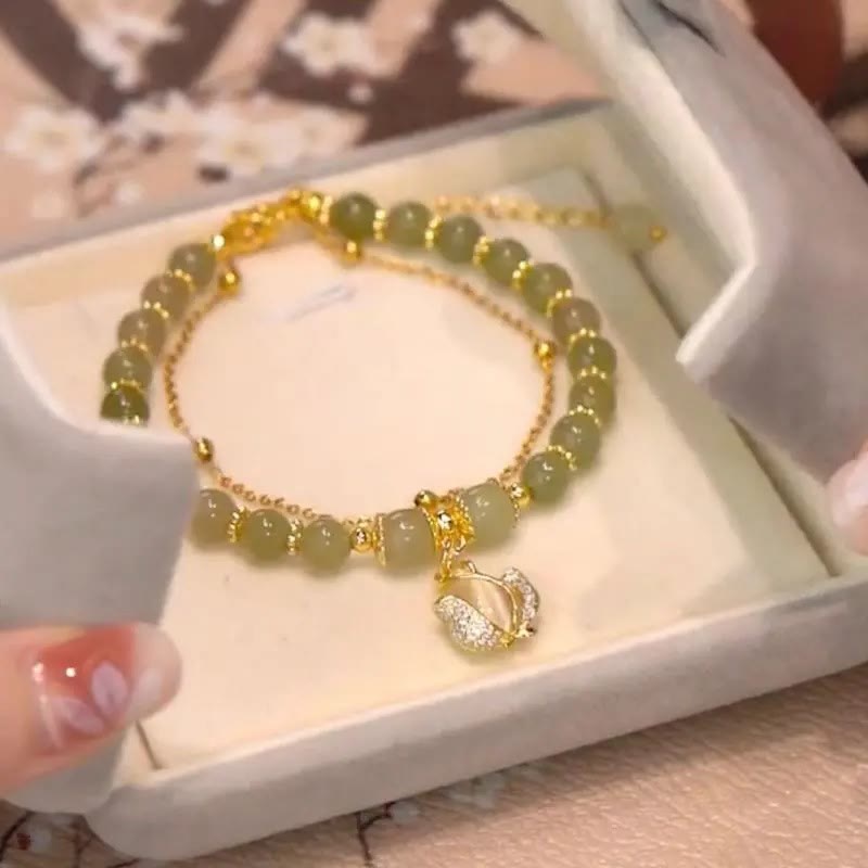 Braccialetto di perline con carattere Fu , Buddha Stones di giada, foglia di ginkgo, tulipano, arachidi e fortuna