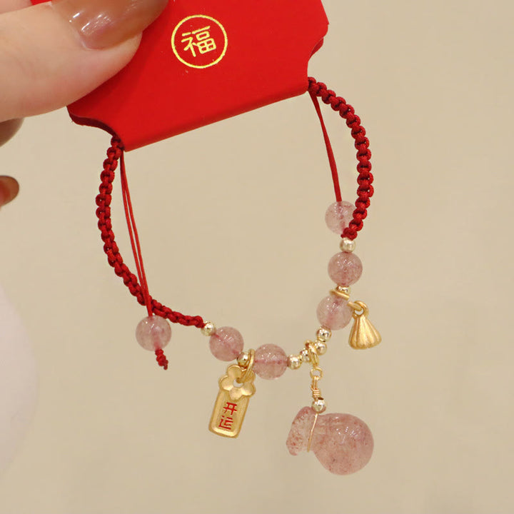 Braccialetto intrecciato con corda rossa, Buddha Stones naturale, sacchetto di denaro con loto