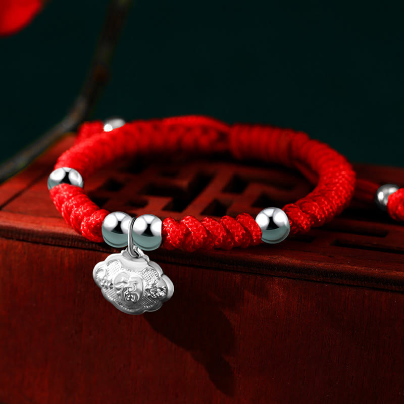 Buddha Stones 925 Sterling Silver Fatto a Mano Fu Carattere Portafortuna Sacchetto di Soldi Cinese Lucchetto Ciondolo Campana Loto Moneta di Rame King Kong Nodo Braccialetto Intrecciato per Bambini