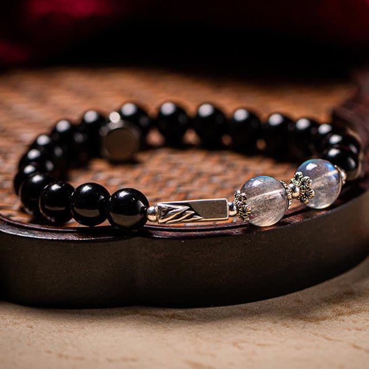 Bracciale di coppia in argento sterling 925 con pietra di luna e ossidiana