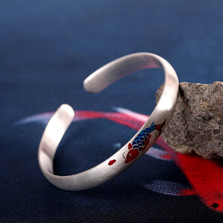 Braccialetto con polsino portafortuna in argento sterling 999 con pesce koi Buddha Stones