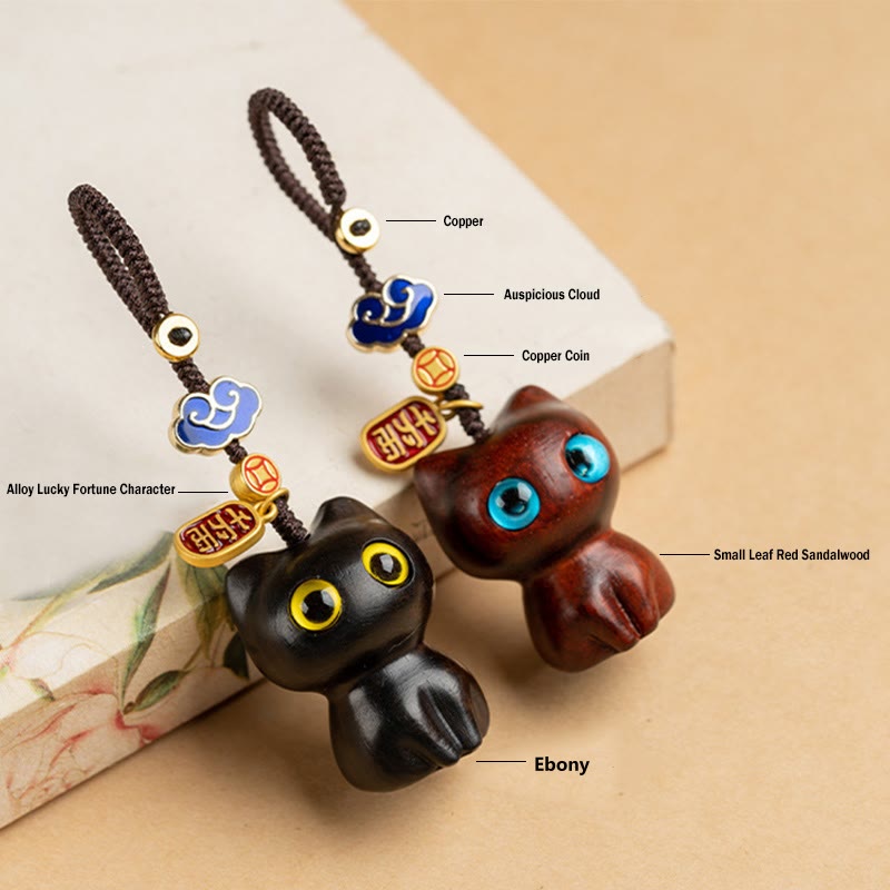 Buddha Stones Piccola foglia Legno di sandalo rosso Legno di ebano Gatto fortunato Protezione Portachiavi Telefono Appeso Decorazione - image 12