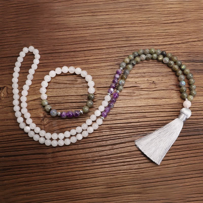 Buddha Stones 108 Mala Beads Agata Bianca Ametista Nero Glitter Pietra Braccialetto di Protezione