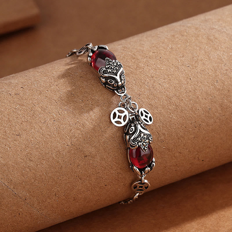 Braccialetto a catena con protezione per monete in rame PiXiu doppio granato Buddha Stones