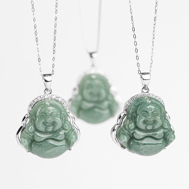 Collana con ciondolo a Buddha Stones in argento sterling 925 con Buddha che ride e giada, abbondanza - image 11