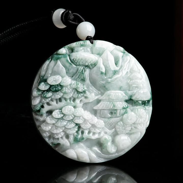 Collana con corda di abbondanza di giada con paesaggio montano Buddha Stones