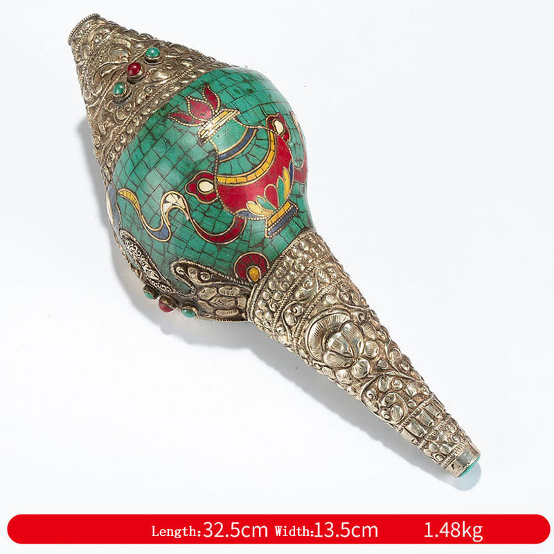Shankha tibetano fatto a mano Om Mani Padme Hum Buddha Avalokitesvara Turchese Conchiglia Decorazione positiva