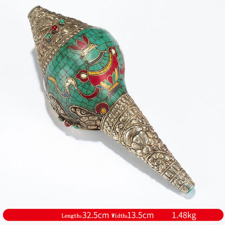 Shankha tibetano fatto a mano Om Mani Padme Hum Buddha Avalokitesvara Turchese Conchiglia Decorazione positiva