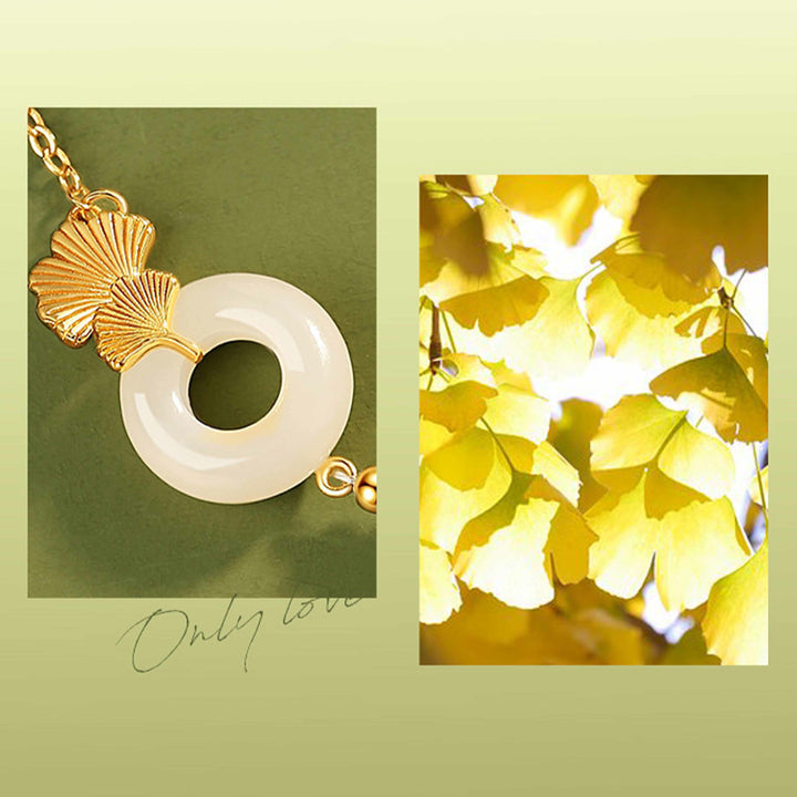 Braccialetto della fortuna con foglia di ginkgo e fibbia della pace in argento sterling 925 con Buddha Stones e giada bianca Hetian
