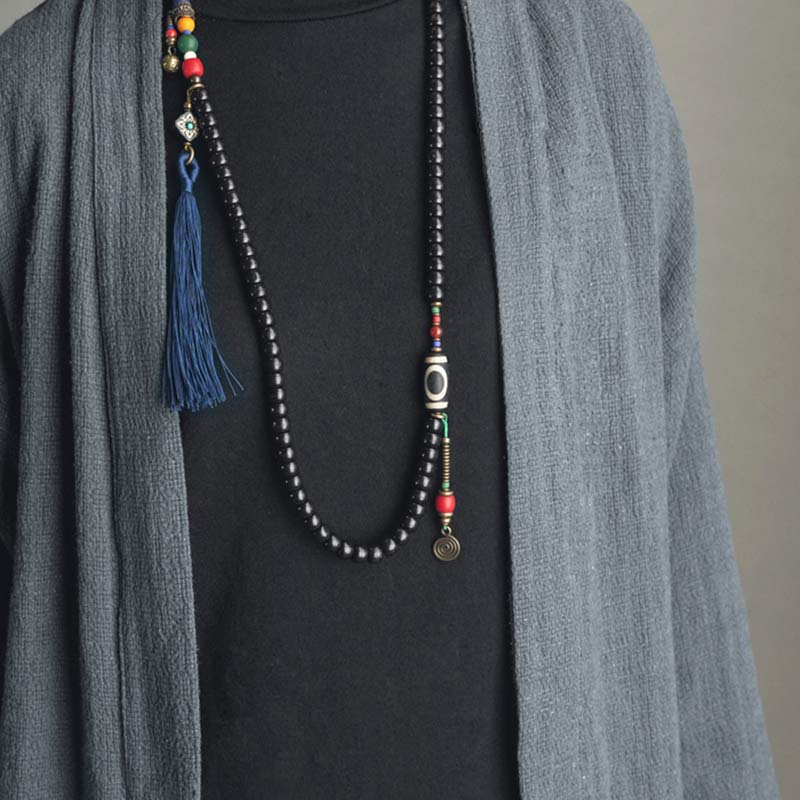 Buddha Stones 108 Perline Mala Legno di Ebano Dzi Perline Rame Braccialetto con Nappa