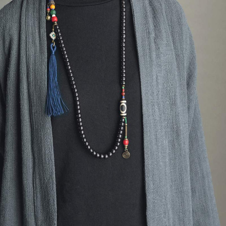 Buddha Stones 108 Perline Mala Legno di Ebano Dzi Perline Rame Braccialetto con Nappa