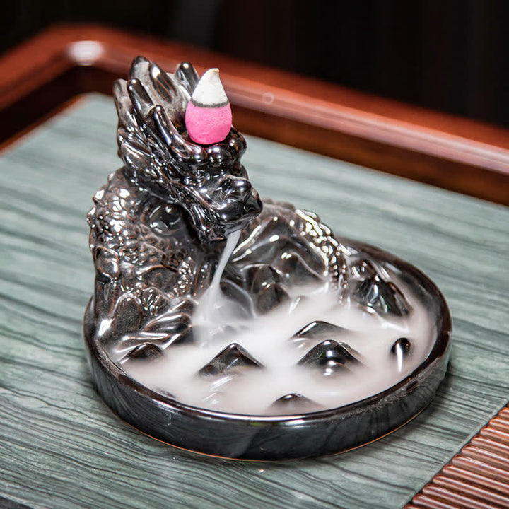 Bruciatore di incenso con fontana di fumo a riflusso in ceramica con motivo a drago, decorazione