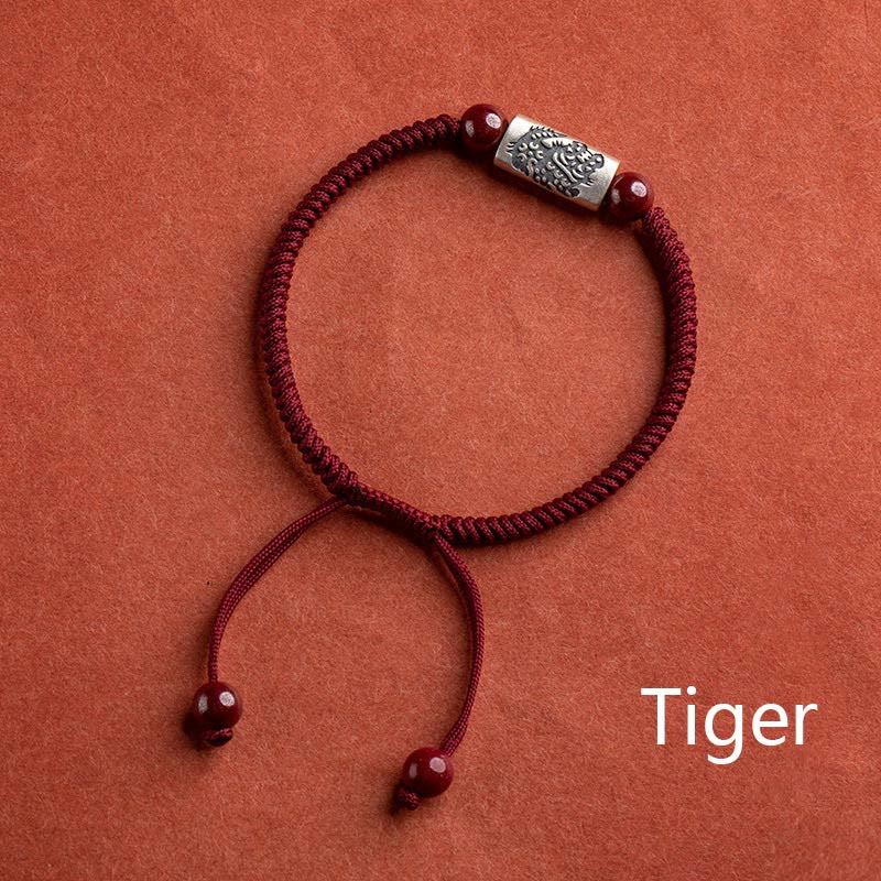 Braccialetto in corda di cinabro con 12 segni zodiacali cinesi in argento sterling 925 Buddha Stones
