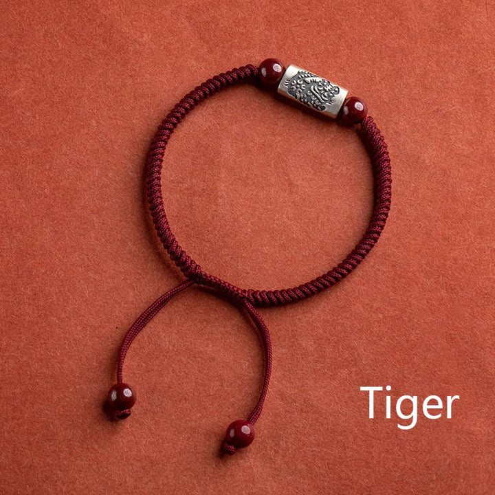 Braccialetto in corda di cinabro con 12 segni zodiacali cinesi in argento sterling 925 Buddha Stones