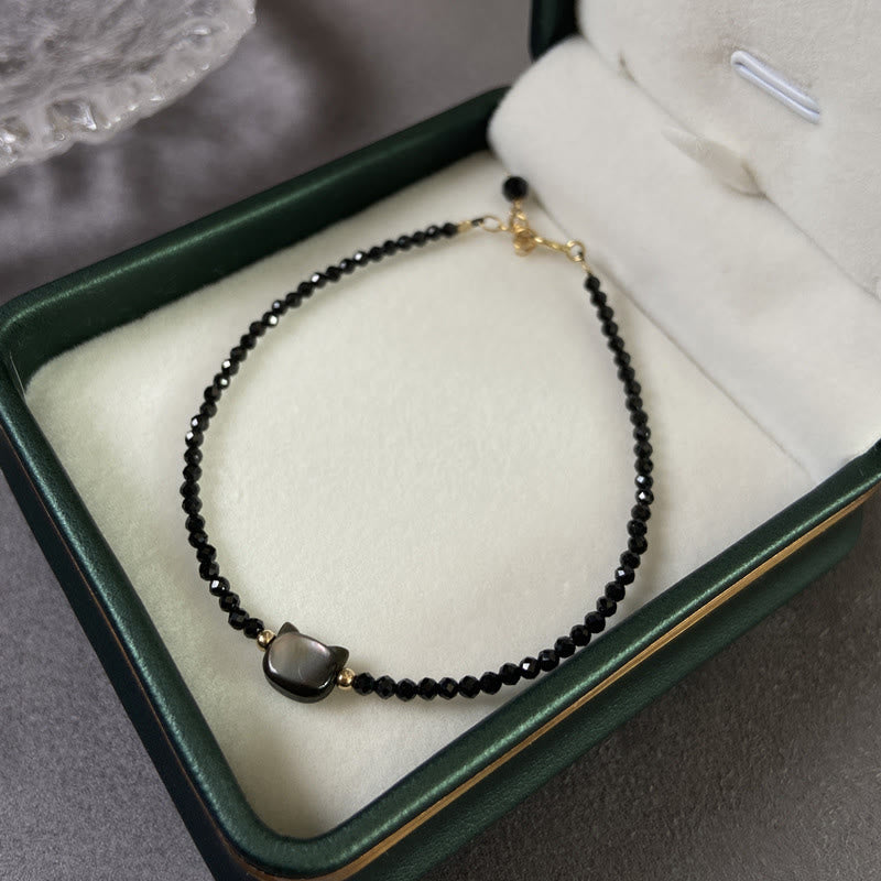 Braccialetto di guarigione in pietra di Tridacna con gatto carino, cristallo bianco, spinello nero placcato in oro 14K , Buddha Stones - image 2