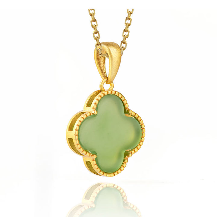 Collana con ciondolo a forma di quadrifoglio con Buddha Stones in argento sterling 925 e giada naturale di Hetian