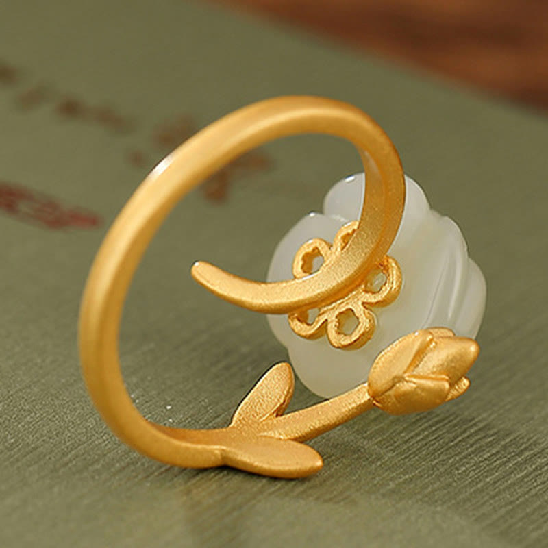 Anello della felicità in giada bianca Hetian con fiore rosa in argento sterling 925 placcato oro Buddha Stones