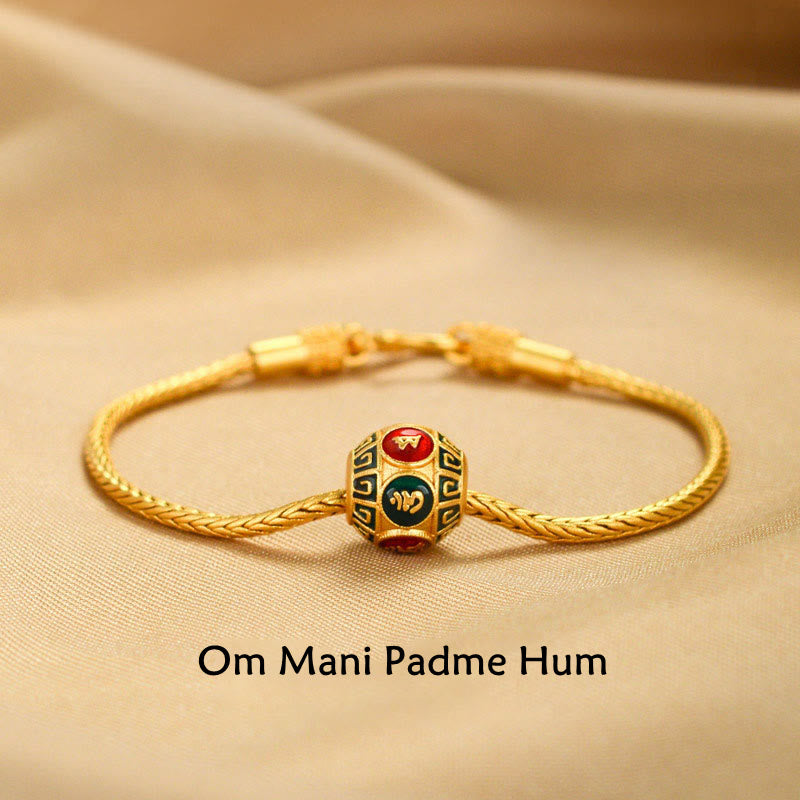 Braccialetto della pace Buddha Stones tibetane in oro 18 carati Om Mani Padme Hum, pesce koi portafortuna, carattere Fu, moneta di rame - Om Mani Padme Hum - image 0