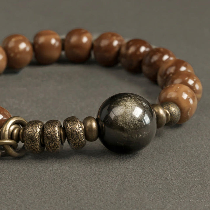Braccialetto Buddha Stones Kuka Seed Tiger Eye Oro Lucentezza Ossidiana Rame Ricchezza Fortuna